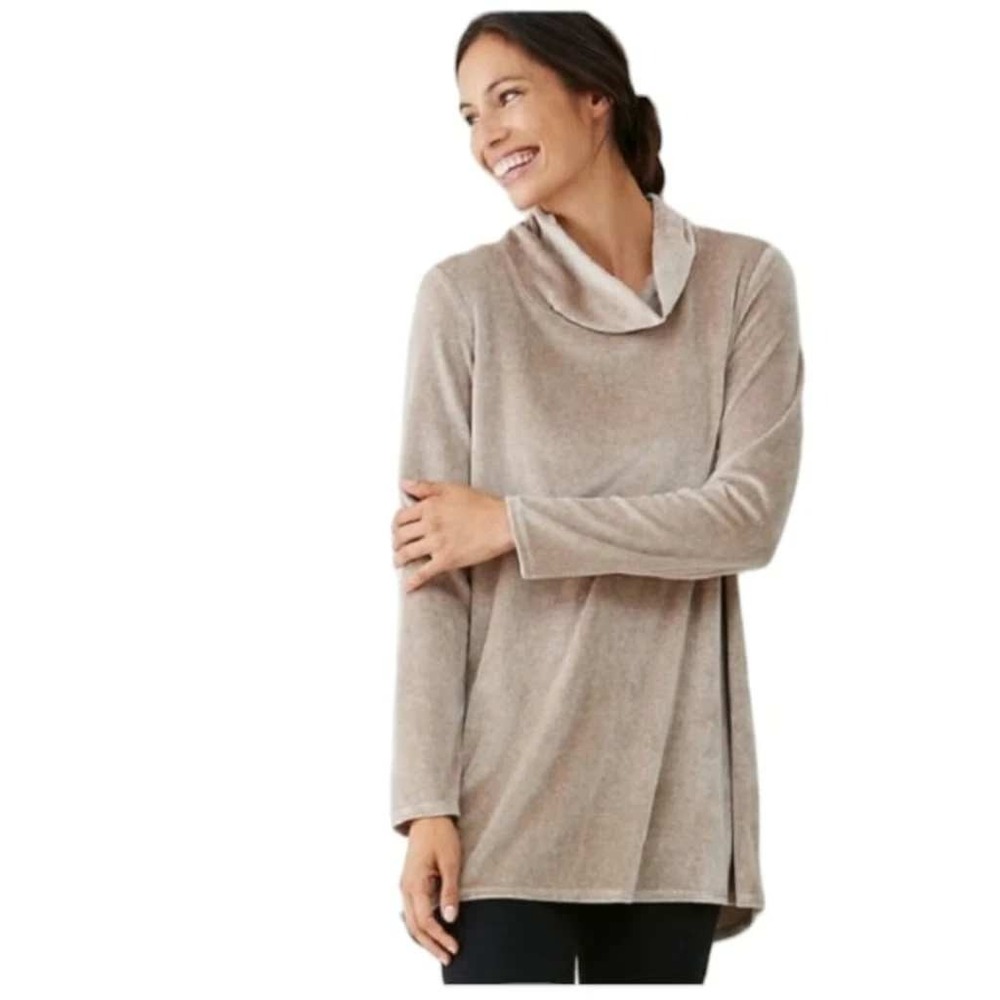 Pure Jill Crushed Velvet Taupe Cowl Neck Tunic M Minimalist Earthy Boho Neutral